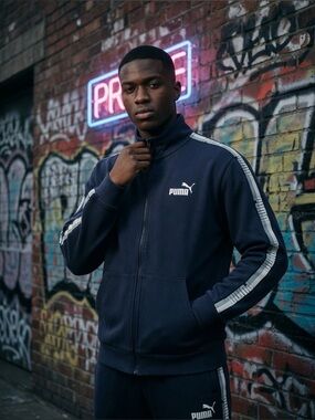 Vintage Style Puma Mens Navy Fleece Lined Track Jacket XL with Logo Tape Sleeves